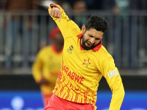 Zimbabwe's Sikandar Raza celebrates after taking the wicket of Pakistan's Haider Ali during their Twenty20 World Cup match in Perth on Thursday.