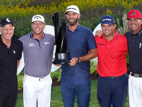The 4 Aces Team, number one seeds, with LIV Golf Commissioner Greg Norman (left)