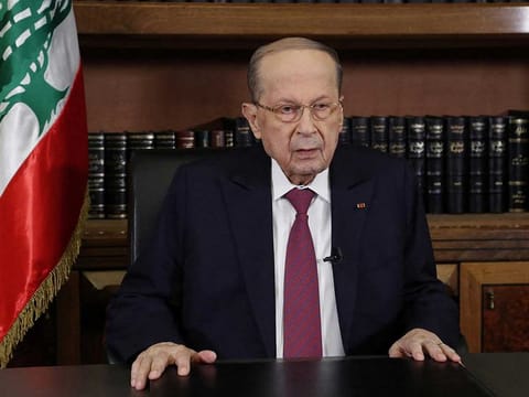 Lebanon's President Michel Aoun is pictured as he delivers a televised speech at the presidential palace in Baabda, Lebanon December 27, 2021.
