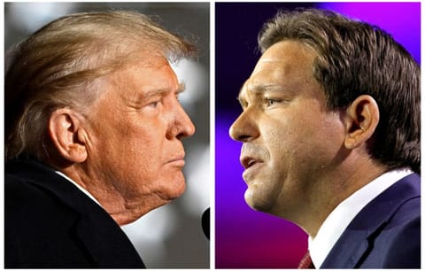 Trump and Florida Governor Ron DeSantis speak at midterm election rallies, in Dayton, Ohio, on November 7, 2022 and Tampa, Florida, on November 8, 2022 in a combination of photos.