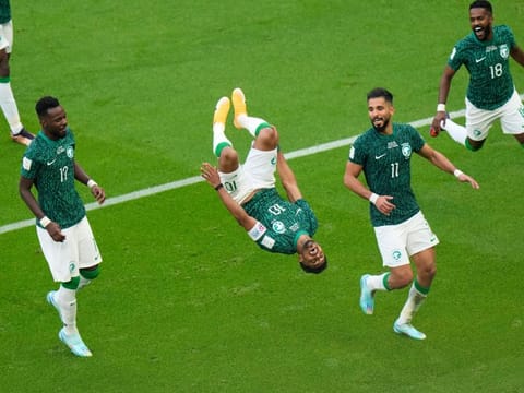 Saudi Arabia's Salem Al Dawsari (second from left) celebrates after scoring his side's eventual match-winner in Group match against Argentina at Lusail Stadium in Lusail on Tuesday.