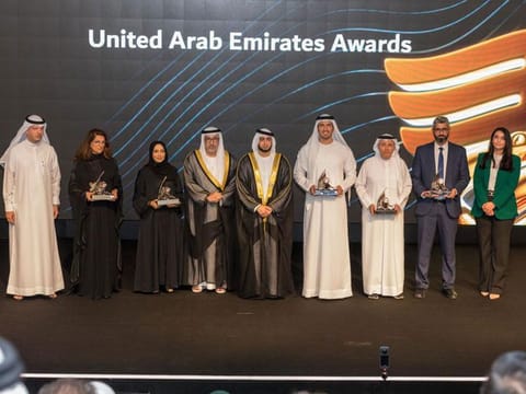 Award patron Sheikh Rashid bin Hamdan bin Rashid Al Maktoum (centre) with winners from the UAE
