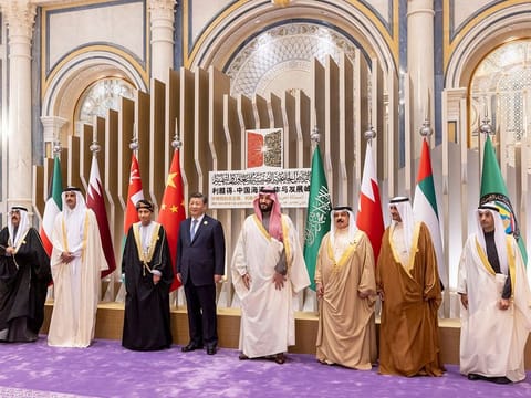 From right: Dr Nayef Falah Al Hajraf, Secretary General of the Gulf Cooperation Council, Sheikh Hamad bin Mohammad Al Sharqi, UAE Supreme Council Member and Ruler of Fujairah, King Hamad bin Esa Al Khalifa, King of Bahrain, Crown Prince Mohammad bin Salman, Chinese President Xi Jinping, Sayyid Fahd bin Mahmoud Al Said, Deputy Prime Minister for the Council of Ministers of Oman, Sheikh Tamim bin Hamad Al Thani, Emir of Qatar, and Sheikh Mishal Al Ahmad Al Jaber Al Sabah, Crown Prince of Kuwait, during the 43rd session of the Gulf Cooperation Council (GCC) Summit at King Abdul Aziz International Convention Centre on Decmber 9, 2022..