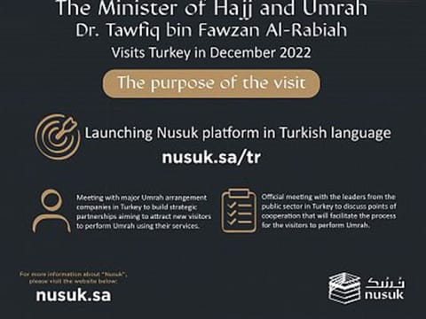 Saudi Minister of Hajj and Umrah Tawfiq Al Rabiah attended the launch of the Nusuk platform in the Turkish language during his visit to Türkiye where he met several Turkish officials.
