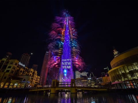 Burj Khalifa fireworks light up the Dubai sky to welcome New Year 2023.