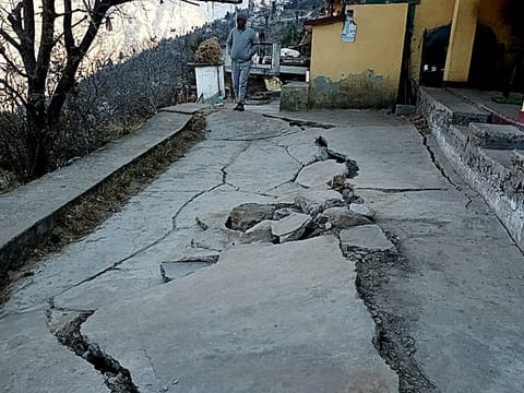 A view of damaged pavement in an area due to landslides, in Joshimath on Saturday, Jan 7, 2023. ANI