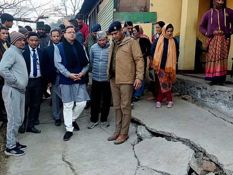 Uttarakhand Chief Minister Pushkar Singh Dhami conducts a ground inspection of the landslide-affected areas, in Joshimath on Saturday, Jan 7, 2023.