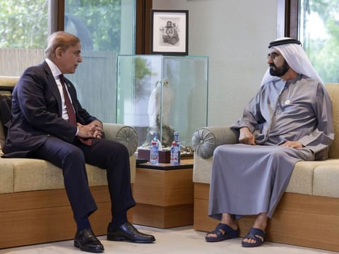 His Highness Sheikh Mohammed bin Rashid Al Maktoum, Vice President and Prime Minister of the UAE and Ruler of Dubai, during meeting on Thursday with Muhammad Shehbaz Sharif, Prime Minister of Pakistan, in Dubai