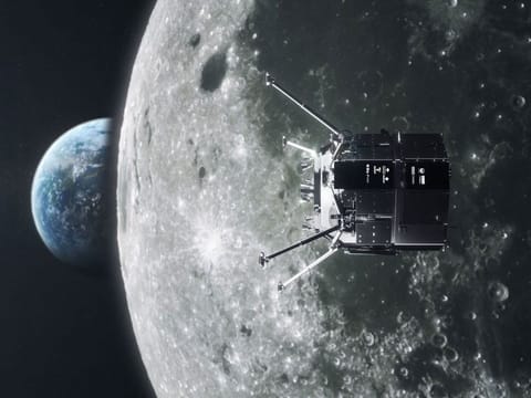 Artwork by European Space Agency showing the Hakuto-R lander taking UAE's moon craft Rashid Rover