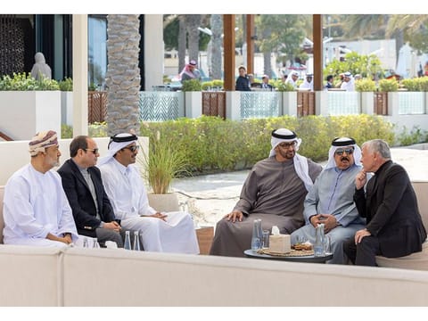 His Highness Sheikh Mohamed bin Zayed Al Nahyan, President of the United Arab Emirates (3rd R) hosts the fraternal consultative meeting with King Abdullah II, King of Jordan (R), King Hamad bin Isa Al Khalifa, King of Bahrain (2nd R), Sheikh Tamim bin Hamad Al Thani, Emir of Qatar (4th R), Abdel Fattah El Sisi, President of Egypt (5th R) and Sayyid Haitham Bin Tariq Al Said, Sultan of Oman (L), after the the fraternal consultative meeting, at the St Regis Saadiyat.