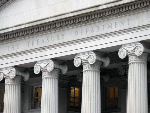 The US Treasury Department building is seen in Washington, DC.