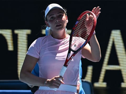 Croatia's Donna Vekic celebrates after her victory over Czech Republic's Linda Fruhvirtova in the Australian Open in Melbourne on Monday.