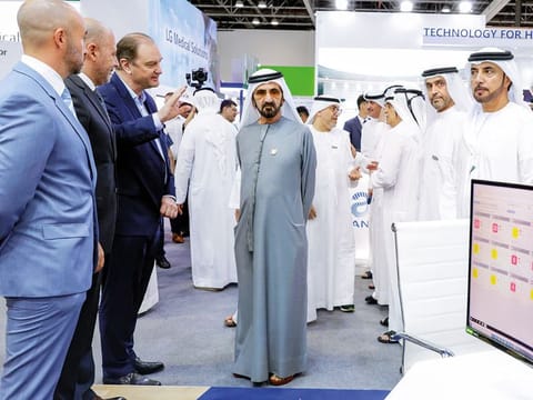 His Highness Sheikh Mohammed bin Rashid Al Maktoum, Vice-President and Prime Minister of the UAE and Ruler of Dubai, tours the Arab Health exhibition in Dubai on Monday.