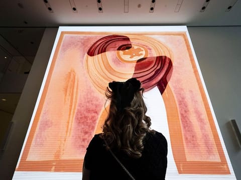 A visitor looks at artist Refik Anadol's "Unsupervised" exhibit at the Museum of Modern Art in New York. The new AI-generated installation is meant to be a thought-provoking interpretation of the New York City museum's prestigious collection.