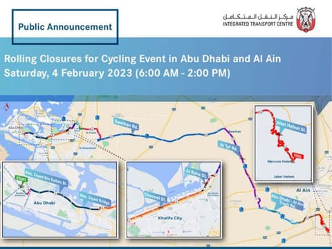 Abu Dhabi announces road closures in Abu Dhabi city and Al Ain on Saturday, February 4 in order to facilitate the Khalifa University Century Challenge 2023.