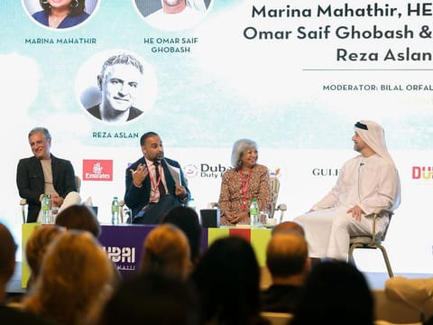 (from left) Reza Aslan, Bilal Orfali, Marina Mahathir, and Omar Saif Ghobash at the panel discussion on Saturday