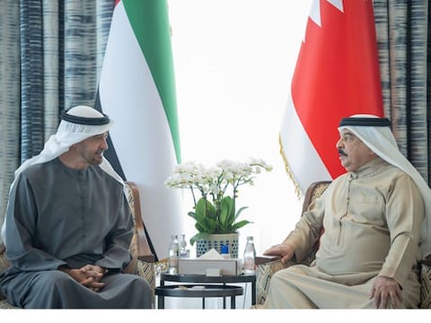 President His Highness Sheikh Mohamed bin Zayed Al Nahyan (left) with His Majesty King Hamad bin Isa Al Khalifa of Bahrain at his residence in Abu Dhabi