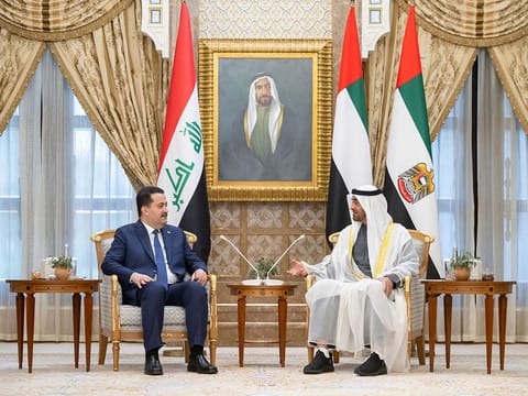 Sheikh Mohamed bin Zayed Al Nahyan, President of the United Arab Emirates receives Mohammed Shia Al Sudani, Prime Minister of Iraq during a reception at Qasr Al Watan.