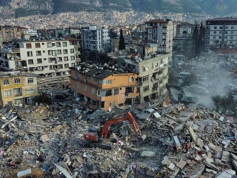 File image used for illustrative purposes: An aerial view of collapsed buildings in Antakya, southeastern Turkey.
