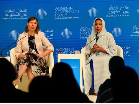 Mona AlMarri, Vice President of UAE Gender Balance Council and Kersti Kaljulaid, Former President, Government of the Republic of Estonia during the session "Women in Government: Powering the Future by Her" on the second day of World Government Summit.