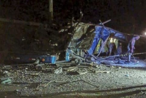 This handout picture released by Panama Chiriqui's Firefighters shows the aftermath of a bus transporting migrant people that crashed in Gualaca, Panama on February 15, 2023.