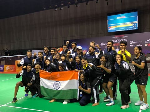 A jubilant Indian team celebrate after defeating Hong Kong China in the quarter-finals on Friday.