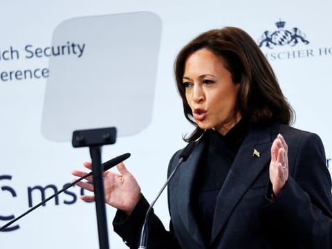 Kamala Harris speaks during the Munich Security Conference (MSC) in Munich, Germany, on February 18, 2023.