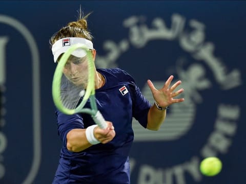 Barbora Krejcikova of the Czech Republic in action against second seed Aryna Sabalenka of Belarus in the quarterfinals of the Dubai Duty Free Tennis Championships on February 23, 2023.