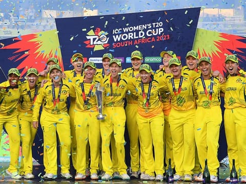 Australia team celebrate after they won the final T20 women's World Cup cricket match against South Africa at Newlands Stadium in Cape Town.