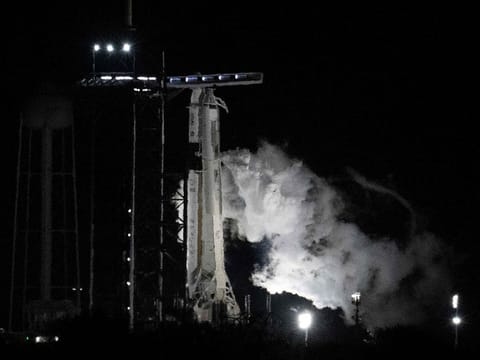 The SpaceX Falcon 9 rocket with the company’s Crew Dragon spacecraft vents fuel prior to a scrubbed launch from pad 39A for the Crew-6 mission at NASA's Kennedy Space Center in Cape Canaveral, Florida.