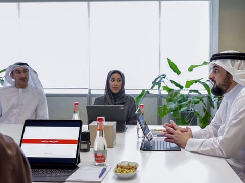 Sheikh Ahmed bin Mohammed bin Rashid Al Maktoum and Mona Al Marri during the Dubai Media Council meeting in Dubai