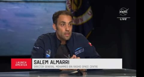 Salem Al Marri, director general of MBRSC, the agency behind the UAE Astronaut Programme, address the Nasa press conference held after the successful lift-off of the SpaceX Falcon9 rocket.