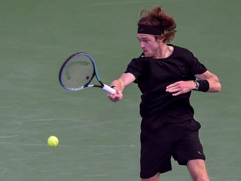 Andrey Rublev of Russia in action against Alexander Zverev of Germany in the semifinals of the ATP Dubai Duty Free Tennis Championship on Friday. Second seed Rublev won to enter the second final in a row.