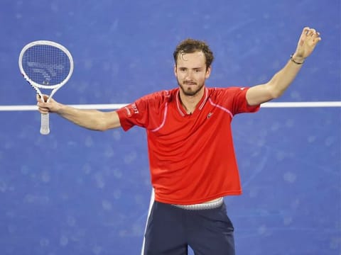 Daniil Medvedev celebrates after winning the ATP Dubai Duty Free Tennis Championshis finals against Andrey Rublev, on March 4, 2023.