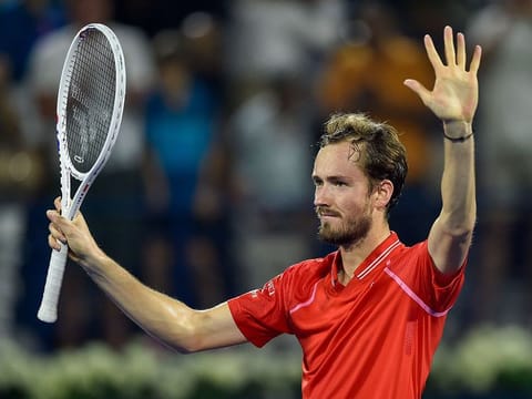 Daniil Medvedev celebrates after defeating Novak Djokovic in the semifinals of the Dubai Tennis Championships on Friday.