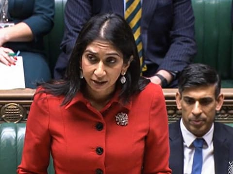 A video grab from footage broadcast by the UK Parliament's Parliamentary Recording Unit (PRU) shows Britain's Home Secretary Suella Braverman presenting to members of Parliament the British Government legislation aimed at curbing migrant boat arrivals during a session at the House of Commons, in London, on March 7, 2023.