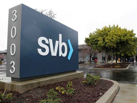A sign for Silicon Valley Bank (SVB) headquarters is seen in Santa Clara, California, US.