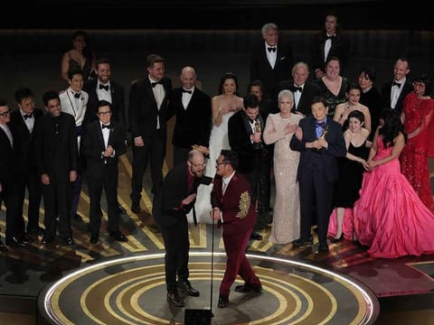 Daniel Kwan, Daniel Scheinert and Jonathan Wang win the Oscar for Best Picture for "Everything Everywhere All at Once" during the Oscars show at the 95th Academy Awards in Hollywood, Los Angeles, California, US, March 12, 2023.