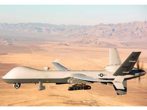 This handout photo courtesy of the US Air Force obtained on November 7, 2020 shows an MQ-9 Reaper unmanned aerial vehicle (UAV or drone) flying over the Nevada Test and Training Range on January 14, 2020.