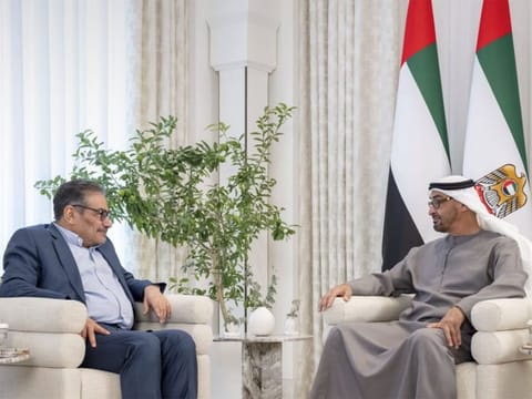 UAE President His Highness Sheikh Mohamed Bin Zayed Al Nahyan with Ali Shamkhani on Thursday.