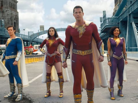 Adam Brody, Grace Caroline Currey, Zachary Levi and Meagan Good in 'Shazam! Fury Of The Gods'.