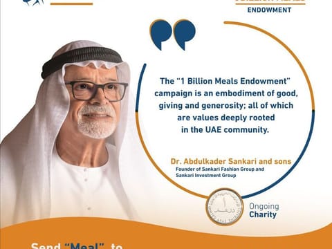 Sankari Fashion Group and the Sankari Investment Group on Friday announces to donate Dh50 million towards the “1 Billion Meals Endowment” campaign.