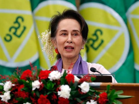 Myanmar's then leader Aung San Suu Kyi delivers a speech during a meeting on implementation of Myanmar Education Development in Naypyitaw, Myanmar, on Jan. 28, 2020.