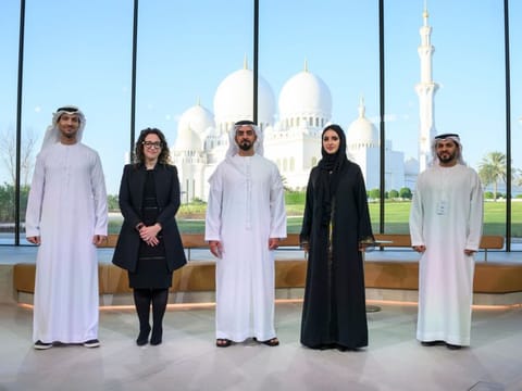 (R-L) Hasan Al Hosani, CEO of Bayanat, Dr Ebtesam Almazrouei, Director of AI Cross-Center Unit at AI and Digital Science Research Center at Abu Dhabi's Technology Innovation Institute, Lt General Sheikh Saif bin Zayed Al Nahyan, UAE Deputy Prime Minister and Minister of Interior, Amy Webb, Founder and CEO of the Future Today Institute and Talal Al Kaissi, CEO G42 Cloud, at the Mohamed bin Zayed Majlis in Abu Dhabi.