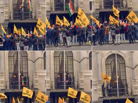 London, Mar 20 (ANI): A combination of pictures show Khalistani elements attempting to pull down the Indian flag but the flag was rescued by the Indian security personnel at the High Commission of India, in London (ANI Photo)