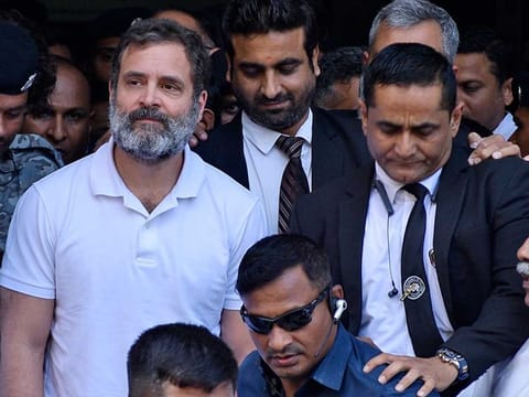 Congress leader Rahul Gandhi at the Surat District Court after filing an appeal against his conviction in the 2019 defamation case, in Surat on Monday, April 3, 2023.