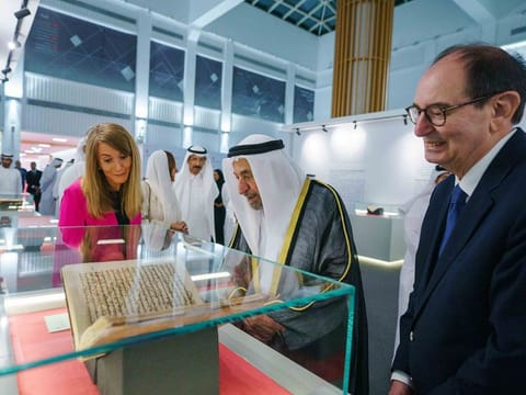 His Highness Dr Sheikh Sultan bin Mohammed Al Qasimi (centre), Supreme Council Member and Ruler of Sharjah, at the exhibition on Sunday night at the headquarters of Sharjah Book Authority