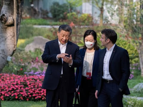 Chinese President Xi Jinping and France's President Emmanuel Macron meet at the Guandong province governor's residence, in Guangzhou, China, Friday, April 7, 2023.