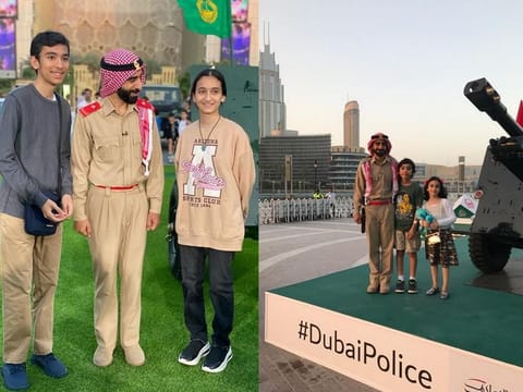 A before-and-after shot showing children who revisited the Ramadan cannon tradition in Dubai and posed with the same officer..
