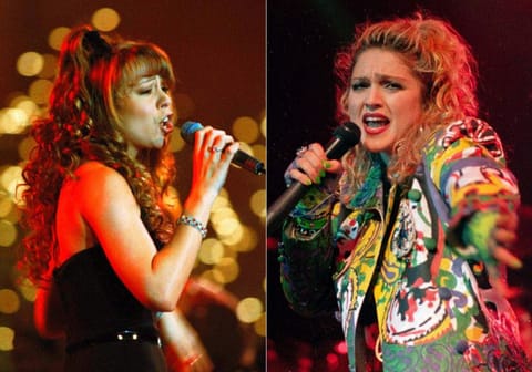 Mariah Carey performs a benefit for the Fresh Air Fund at the Cathedral of St. John the Divine in New York on Dec. 8, 1994, left, and Madonna performs as she opened her Virgin tour in Seattle, on April 10, 1985. An album from Madonna, a carol from Mariah Carey and music from “Super Mario Bros.” are among the audio titles the US. National Recording Registry. The Library of Congress announced Wednesday, April 12, 2023, that 25 recordings have been selected for preservation for their cultural significance. (AP Photo)